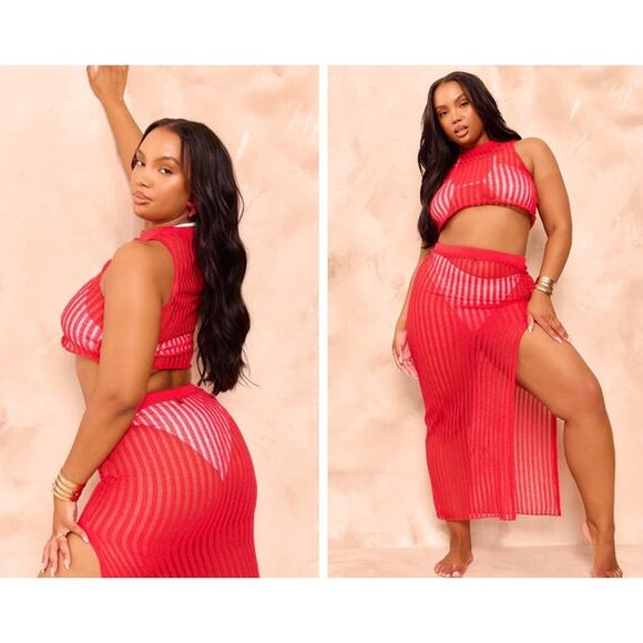 PrettyLittleThing Plus - Distressed Ladder Detail Knit Top & Midi Skirt in Red - Picture 6 of 6